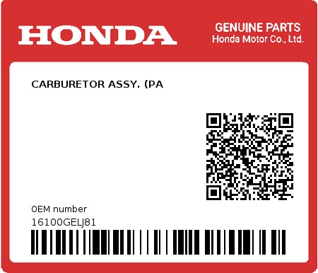 Product image: Honda - 16100GELJ81 - CARBURETOR ASSY. (PA  0