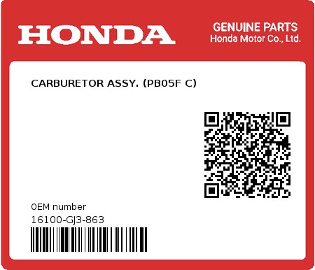 Product image: Honda - 16100-GJ3-863 - CARBURETOR ASSY. (PB05F C)  0