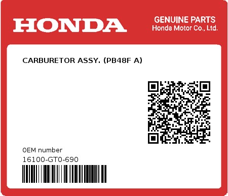 Product image: Honda - 16100-GT0-690 - CARBURETOR ASSY. (PB48F A)  0
