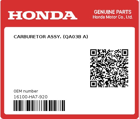 Product image: Honda - 16100-HA7-920 - CARBURETOR ASSY. (QA03B A)  0