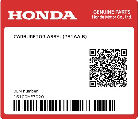 Product image: Honda - 16100HF7020 - CARBURETOR ASSY. (PB1AA B)  0