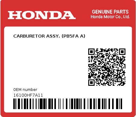 Product image: Honda - 16100HF7A11 - CARBURETOR ASSY. (PB5FA A)  0