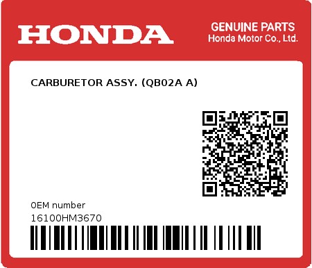 Product image: Honda - 16100HM3670 - CARBURETOR ASSY. (QB02A A)  0