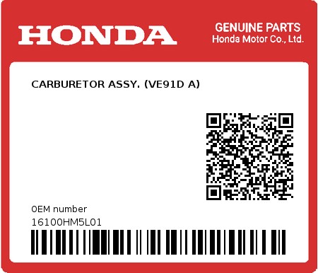 Product image: Honda - 16100HM5L01 - CARBURETOR ASSY. (VE91D A)  0