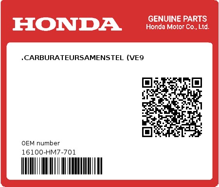 Product image: Honda - 16100-HM7-701 - .CARBURATEURSAMENSTEL (VE9  0