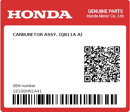 Product image: Honda - 16100HN1A41 - CARBURETOR ASSY. (QB11A A)  0