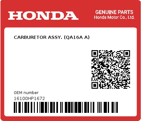 Product image: Honda - 16100HP1672 - CARBURETOR ASSY. (QA16A A)  0