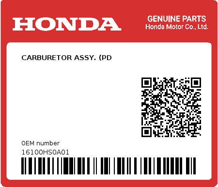 Product image: Honda - 16100HS0A01 - CARBURETOR ASSY. (PD  0