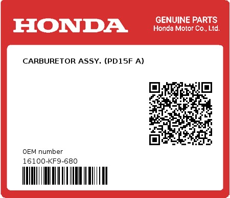 Product image: Honda - 16100-KF9-680 - CARBURETOR ASSY. (PD15F A)  0