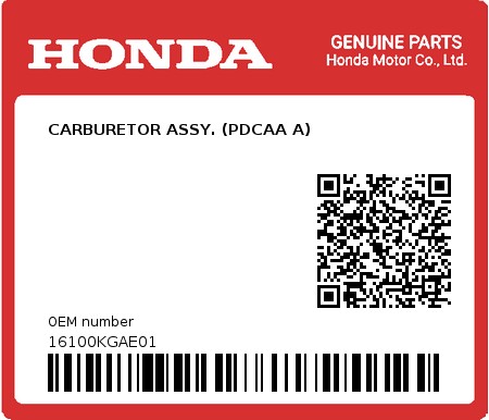 Product image: Honda - 16100KGAE01 - CARBURETOR ASSY. (PDCAA A)  0