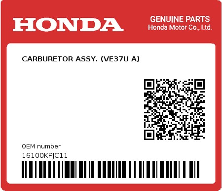Product image: Honda - 16100KPJC11 - CARBURETOR ASSY. (VE37U A)  0