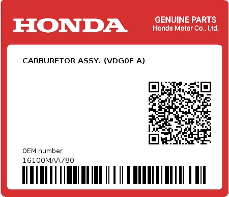 Product image: Honda - 16100MAA780 - CARBURETOR ASSY. (VDG0F A)  0