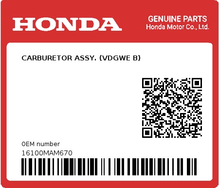 Product image: Honda - 16100MAM670 - CARBURETOR ASSY. (VDGWE B)  0
