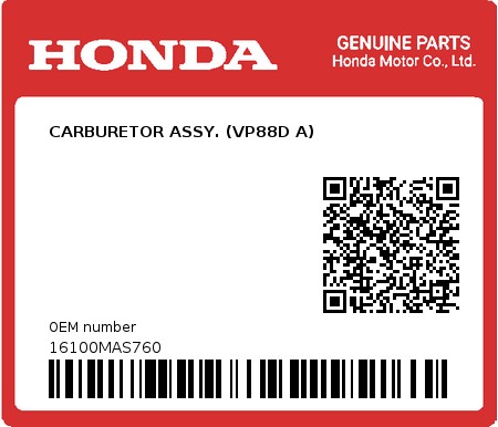 Product image: Honda - 16100MAS760 - CARBURETOR ASSY. (VP88D A)  0