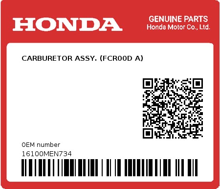 Product image: Honda - 16100MEN734 - CARBURETOR ASSY. (FCR00D A)  0