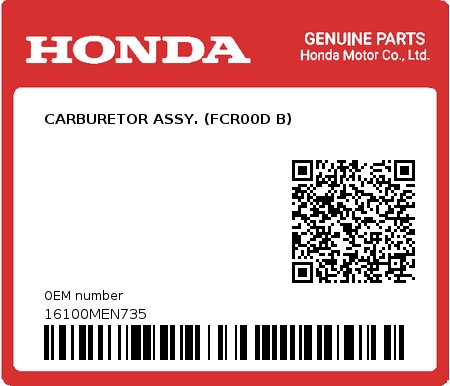 Product image: Honda - 16100MEN735 - CARBURETOR ASSY. (FCR00D B)  0