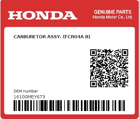 Product image: Honda - 16100MEY673 - CARBURETOR ASSY. (FCR04A B)  0