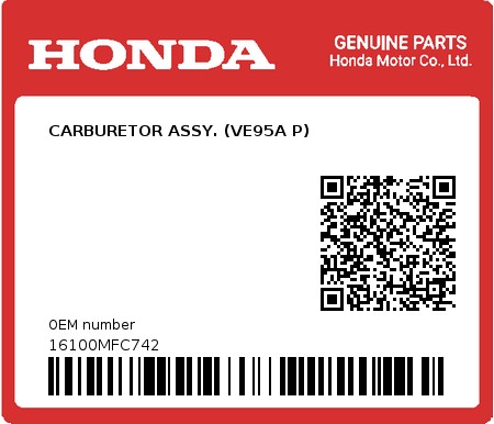 Product image: Honda - 16100MFC742 - CARBURETOR ASSY. (VE95A P)  0