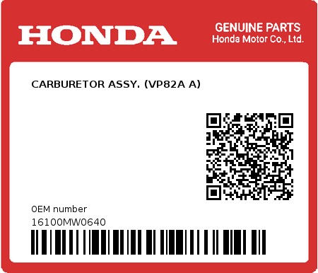 Product image: Honda - 16100MW0640 - CARBURETOR ASSY. (VP82A A)  0