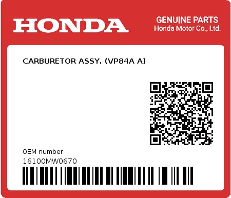 Product image: Honda - 16100MW0670 - CARBURETOR ASSY. (VP84A A)  0