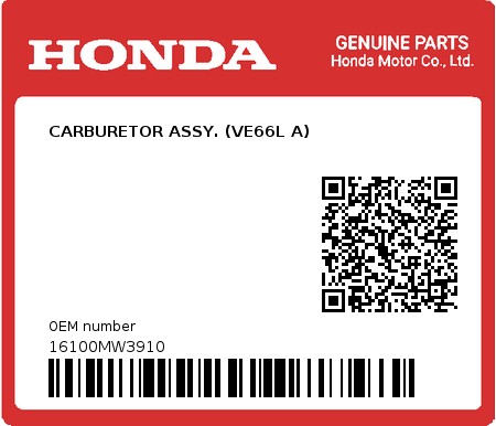 Product image: Honda - 16100MW3910 - CARBURETOR ASSY. (VE66L A)  0