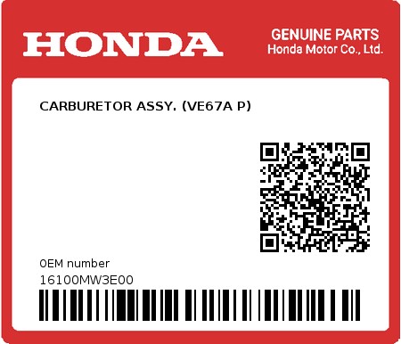 Product image: Honda - 16100MW3E00 - CARBURETOR ASSY. (VE67A P)  0
