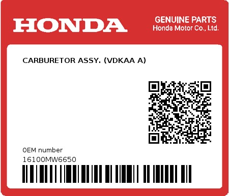 Product image: Honda - 16100MW6650 - CARBURETOR ASSY. (VDKAA A)  0