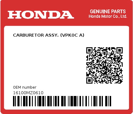 Product image: Honda - 16100MZ0610 - CARBURETOR ASSY. (VPK0C A)  0