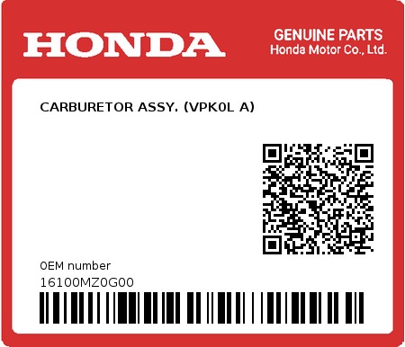 Product image: Honda - 16100MZ0G00 - CARBURETOR ASSY. (VPK0L A)  0