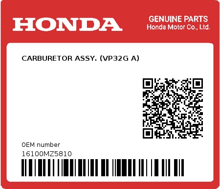 Product image: Honda - 16100MZ5810 - CARBURETOR ASSY. (VP32G A)  0