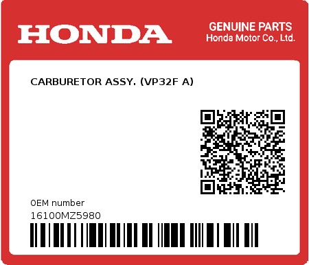 Product image: Honda - 16100MZ5980 - CARBURETOR ASSY. (VP32F A)  0