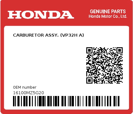 Product image: Honda - 16100MZ5G20 - CARBURETOR ASSY. (VP32H A)  0