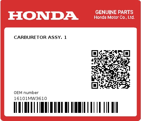 Product image: Honda - 16101MW3610 - CARBURETOR ASSY. 1  0