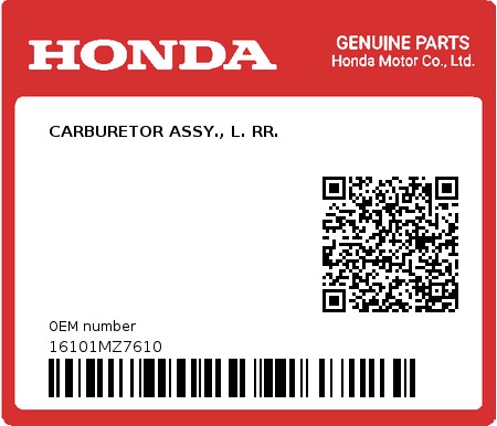 Product image: Honda - 16101MZ7610 - CARBURETOR ASSY., L. RR.  0
