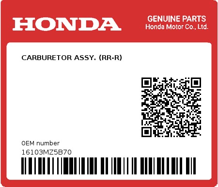 Product image: Honda - 16103MZ5B70 - CARBURETOR ASSY. (RR-R)  0