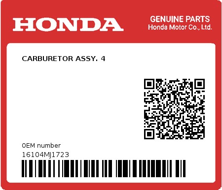 Product image: Honda - 16104MJ1723 - CARBURETOR ASSY. 4  0