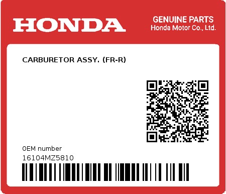 Product image: Honda - 16104MZ5810 - CARBURETOR ASSY. (FR-R)  0