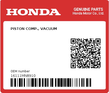 Product image: Honda - 16111MN8910 - PISTON COMP., VACUUM  0