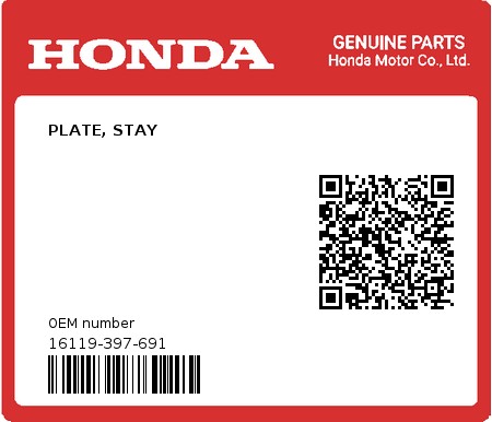 Product image: Honda - 16119-397-691 - PLATE, STAY  0