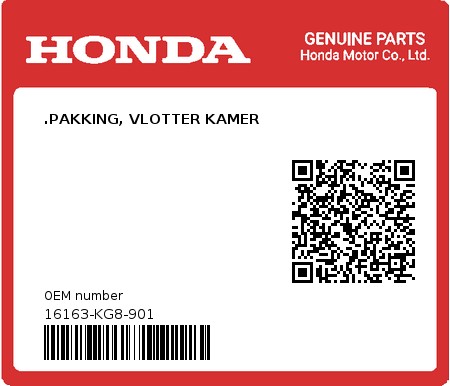 Product image: Honda - 16163-KG8-901 - .PAKKING, VLOTTER KAMER  0