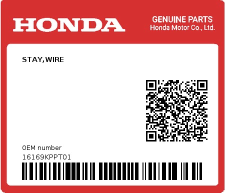 Product image: Honda - 16169KPPT01 - STAY,WIRE  0