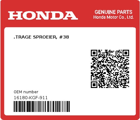 Product image: Honda - 16180-KGF-911 - .TRAGE SPROEIER, #38  0