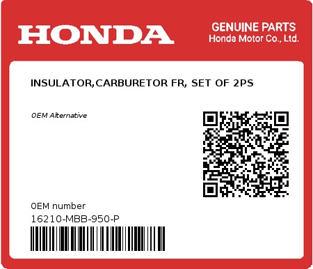 Product image: Honda - 16210-MBB-950-P - INSULATOR,CARBURETOR FR, SET OF 2PS  0