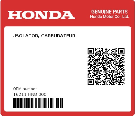Product image: Honda - 16211-HN8-000 - .ISOLATOR, CARBURATEUR  0