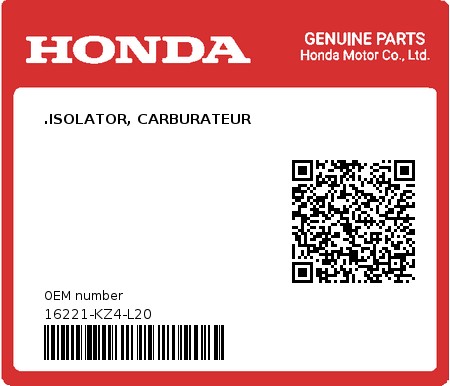 Product image: Honda - 16221-KZ4-L20 - .ISOLATOR, CARBURATEUR  0