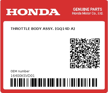 Product image: Honda - 16400KSVD01 - THROTTLE BODY ASSY. (GQ14D A)  0