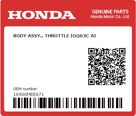 Product image: Honda - 16400MEE671 - BODY ASSY., THROTTLE (GQ63C A)  0