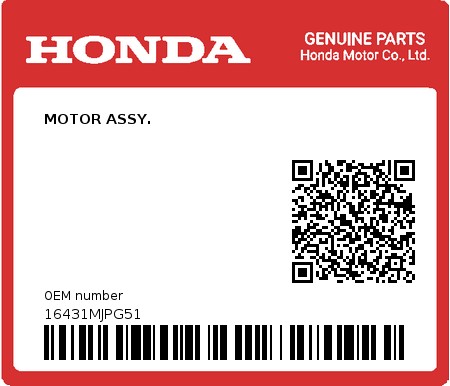 Product image: Honda - 16431MJPG51 - MOTOR ASSY.  0