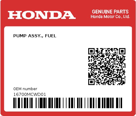 Product image: Honda - 16700MCWD01 - PUMP ASSY., FUEL  0