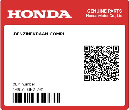 Product image: Honda - 16951-GE2-761 - .BENZINEKRAAN COMPL.  0